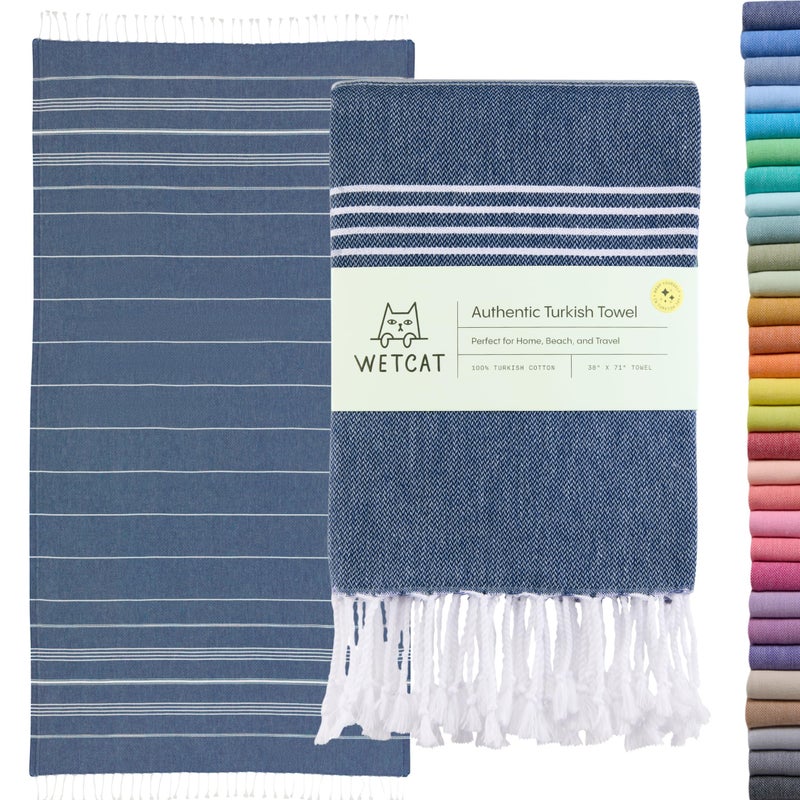 WETCAT Turkish Beach Towel Oversized (38"x71") 100% Turkish Cotton, Made in Turkey - Sand Free, Extra Large, Ultra Soft, Quick Drying, Compact & Lightweight for Travel - Dark Blue - Image 1